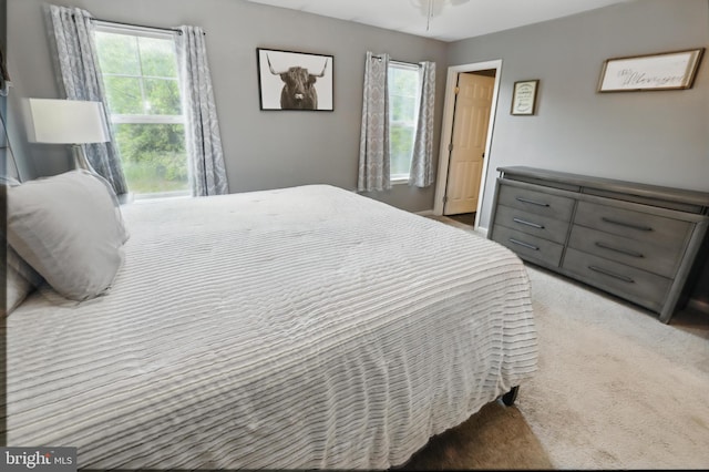bedroom featuring multiple windows and light colored carpet