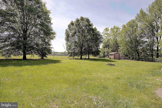 view of grassy yard featuring a storage unit and an outdoor structure