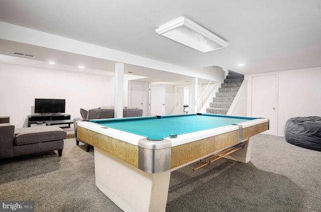 recreation room with carpet flooring, billiards, and recessed lighting