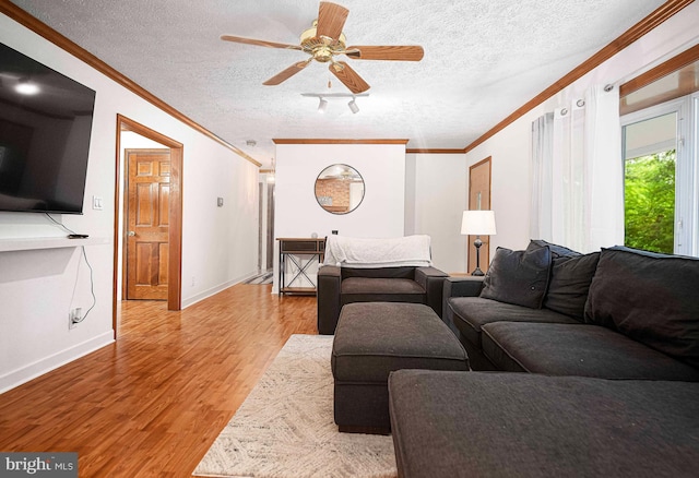 living room featuring crown molding, wood finished floors, a textured ceiling, a ceiling fan, and baseboards