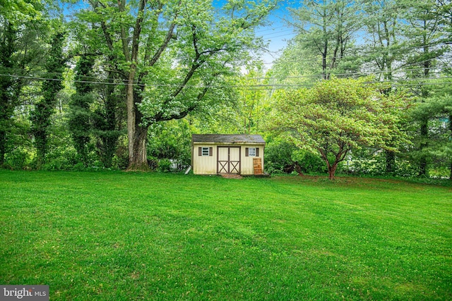 view of grassy yard featuring a storage shed and an outdoor structure