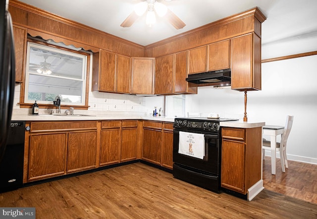 kitchen featuring black appliances, under cabinet range hood, a ceiling fan, a sink, and light countertops