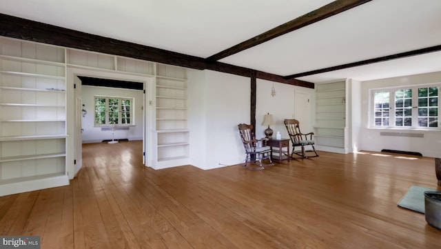 203 E Ferry Rd, Yardley, PA 19067 - interior space with beamed ceiling, radiator heating unit, hardwood / wood-style flooring, and built in shelves