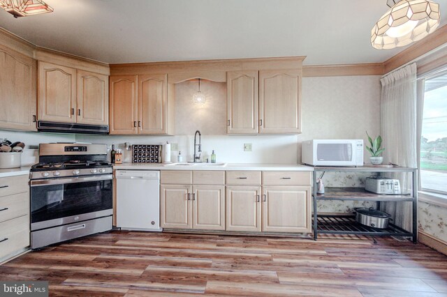 1140 Governor Lea Rd, Bear, DE 19701 - kitchen with a sink, white appliances, ventilation hood, and light brown cabinets