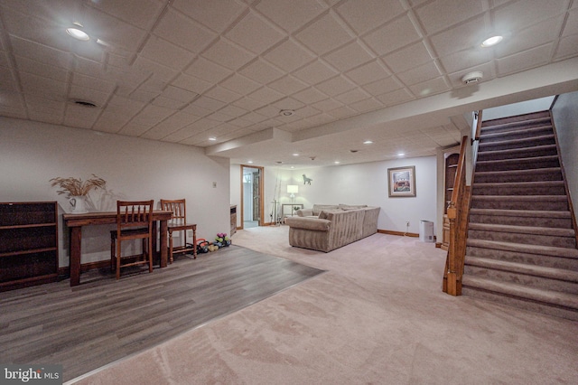 1140 Governor Lea Rd, Bear, DE 19701 - carpeted living room with stairs, baseboards, and recessed lighting