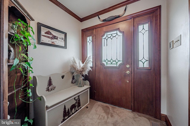1140 Governor Lea Rd, Bear, DE 19701 - entryway with carpet flooring, visible vents, and crown molding