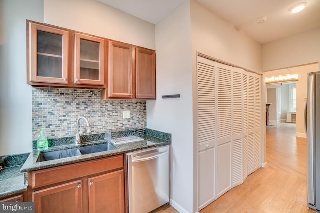 kitchen with a sink, decorative backsplash, brown cabinets, light wood-style floors, and stainless steel appliances