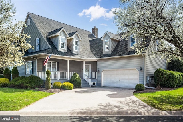 10288 Broken Sound Blvd, Ocean City, MD 21842 - cape cod-style house featuring covered porch, roof with shingles, concrete driveway, a chimney, and a front yard