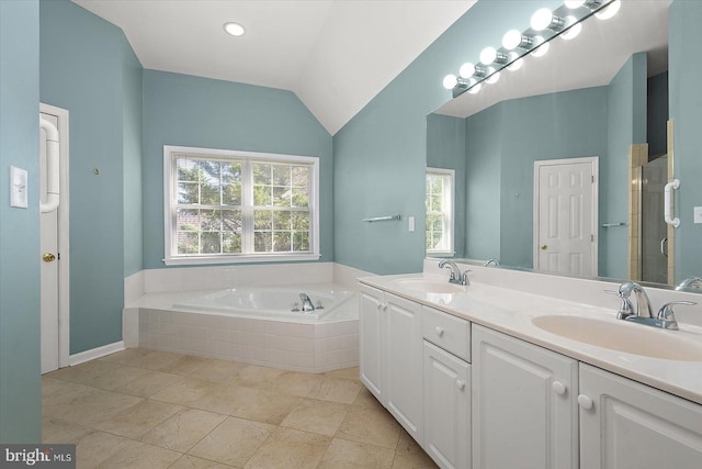 10288 Broken Sound Blvd, Ocean City, MD 21842 - bathroom featuring a bath, a stall shower, vaulted ceiling, and double vanity