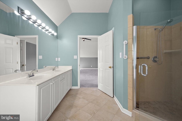 10288 Broken Sound Blvd, Ocean City, MD 21842 - full bath with a shower stall, baseboards, lofted ceiling, and double vanity