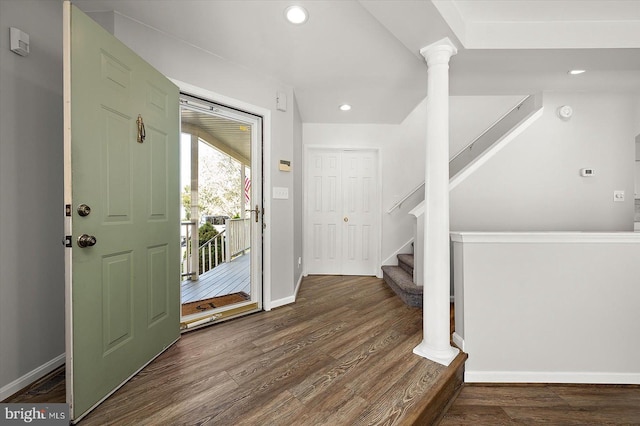 10288 Broken Sound Blvd, Ocean City, MD 21842 - foyer with dark wood finished floors, stairs, recessed lighting, and baseboards