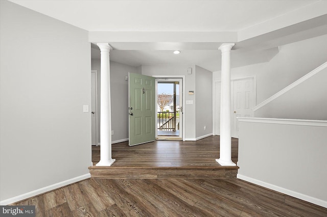 10288 Broken Sound Blvd, Ocean City, MD 21842 - entryway with decorative columns, baseboards, wood finished floors, and recessed lighting