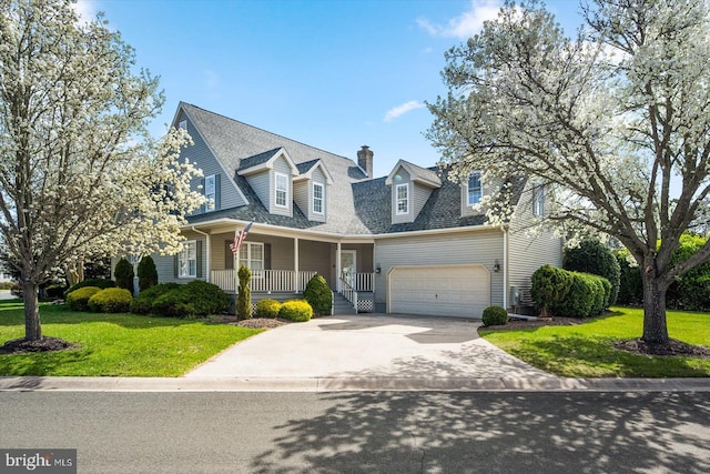 10288 Broken Sound Blvd, Ocean City, MD 21842 - cape cod-style house with a porch, a front lawn, concrete driveway, roof with shingles, and a chimney
