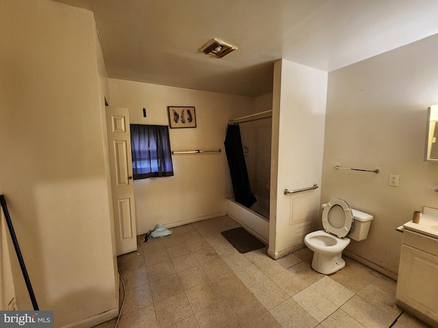 bathroom featuring toilet, shower / tub combo, tile patterned flooring, and vanity