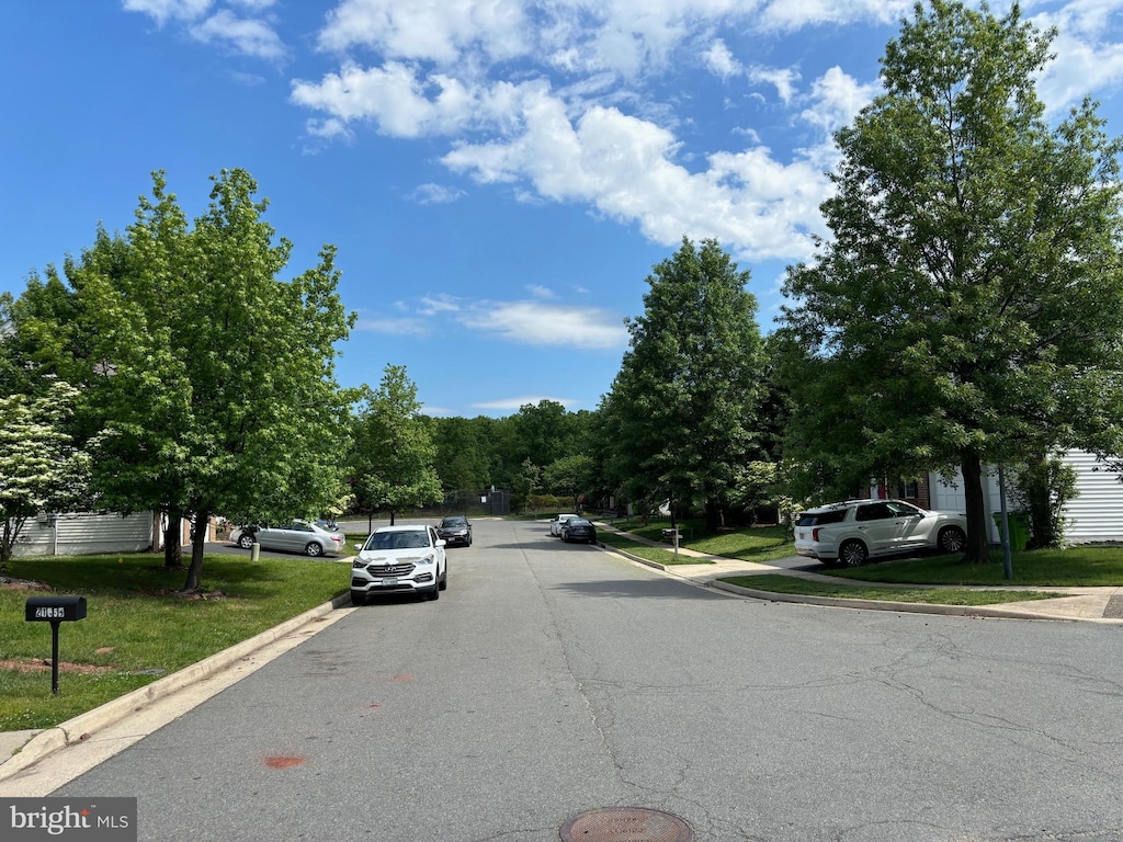 view of asphalt road featuring curbs and sidewalks