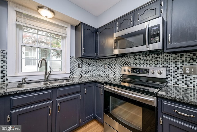 kitchen with appliances with stainless steel finishes, a sink, dark stone counters, and decorative backsplash