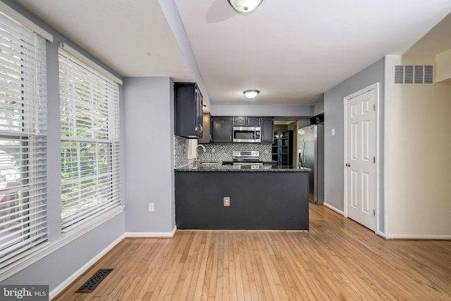 kitchen with stainless steel appliances, a peninsula, light wood-type flooring, backsplash, and baseboards