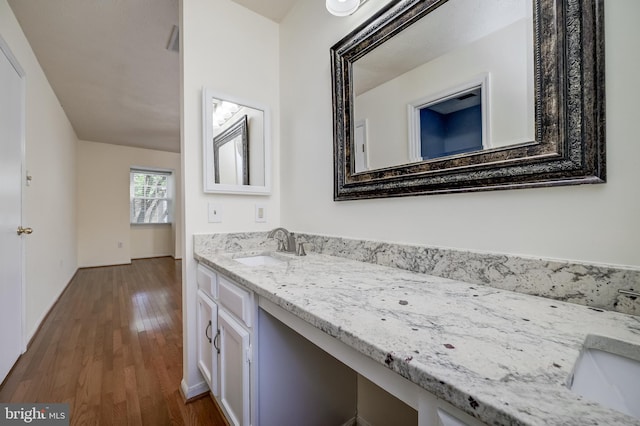 bathroom with wood finished floors and vanity