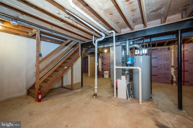 unfinished below grade area with water heater and stairway