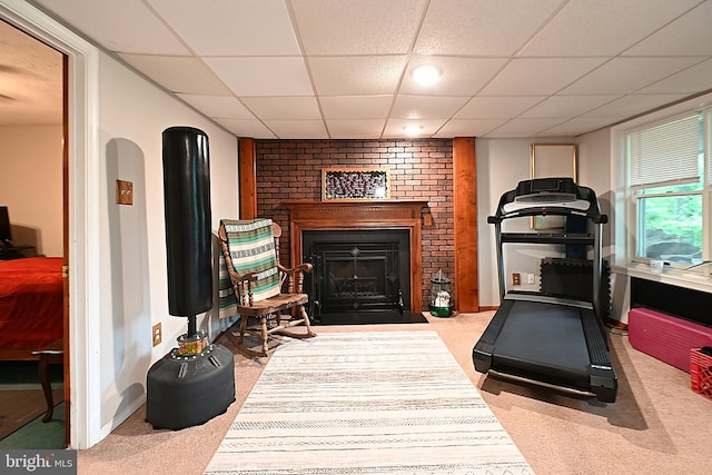 359 Old Linden Rd, Linden, VA 22642 - workout area with a drop ceiling, carpet, a fireplace, and baseboards