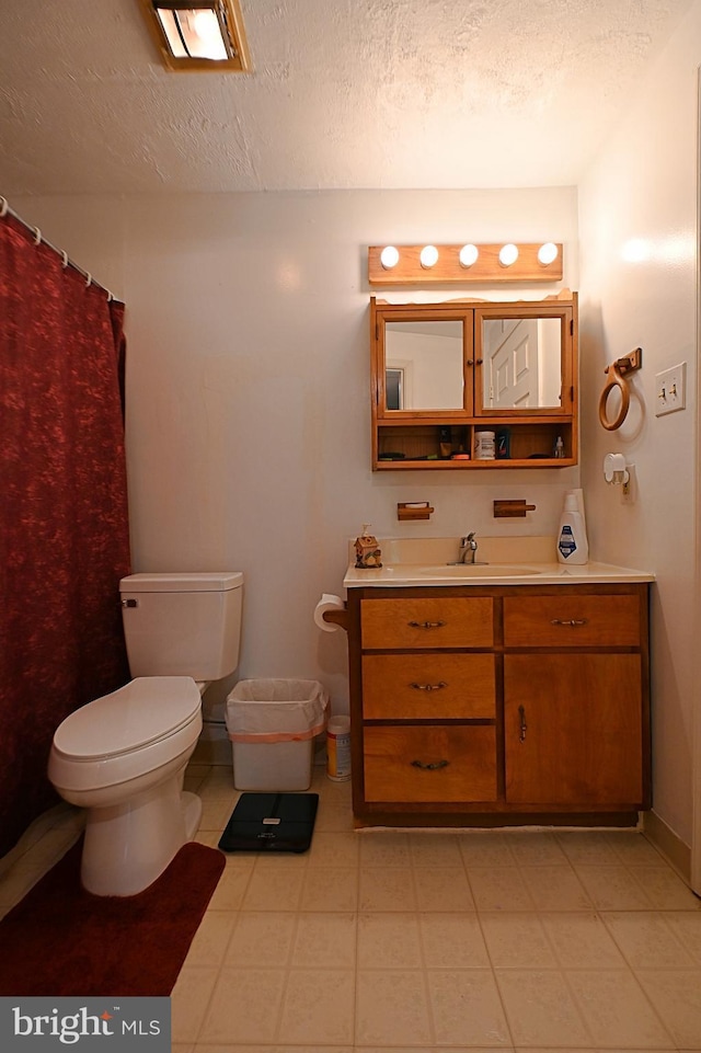 359 Old Linden Rd, Linden, VA 22642 - bathroom featuring toilet, vanity, a textured ceiling, tile patterned floors, and curtained shower