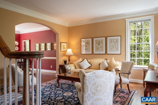 living room featuring arched walkways, wood finished floors, baseboards, plenty of natural light, and crown molding