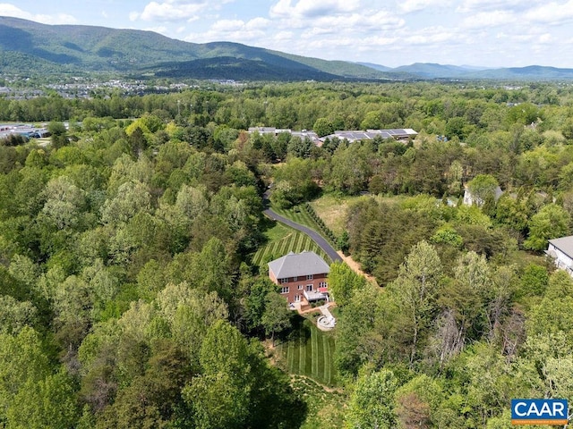 aerial view of a heavily wooded area and a mountain backdrop