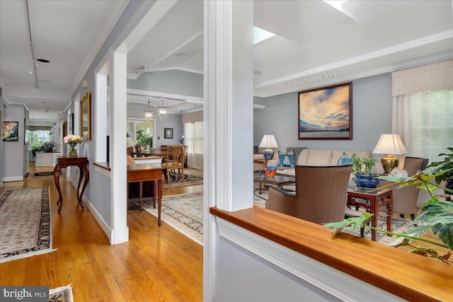 hall with light wood finished floors, a chandelier, and crown molding