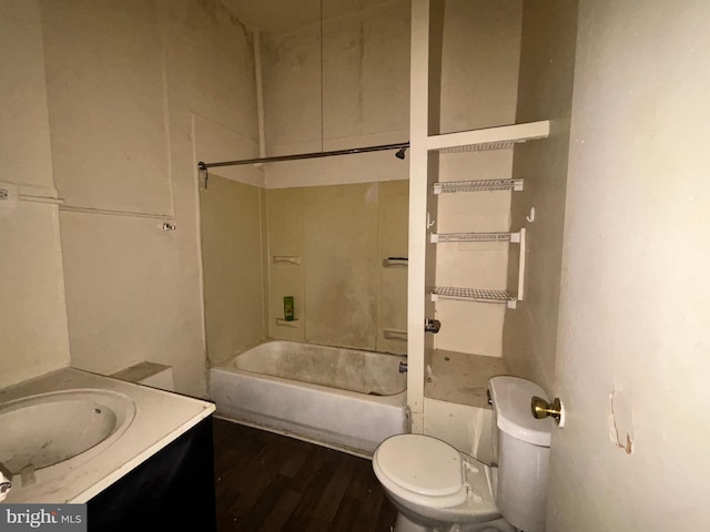 full bathroom with vanity, toilet, shower / tub combination, and wood finished floors