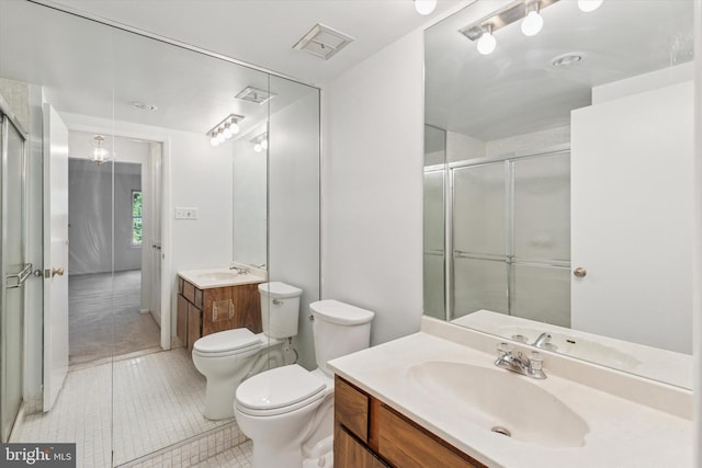 full bath featuring an enclosed shower, toilet, tile patterned floors, visible vents, and vanity