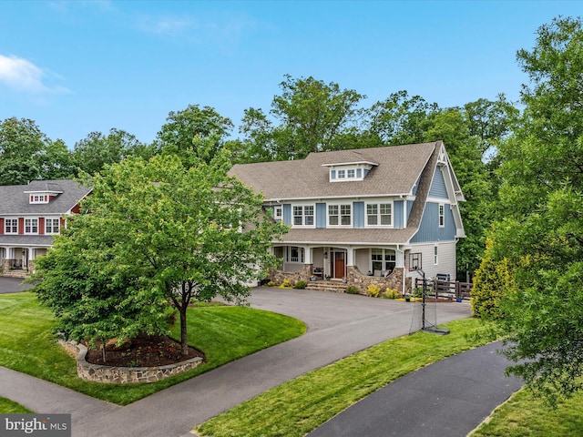 14484 Bluff Point Ct, Gainesville, VA 20155 - shingle-style home featuring covered porch, a front yard, and asphalt driveway