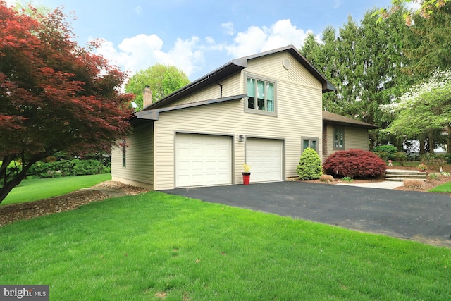 view of property exterior featuring a lawn, a chimney, aphalt driveway, and an attached garage
