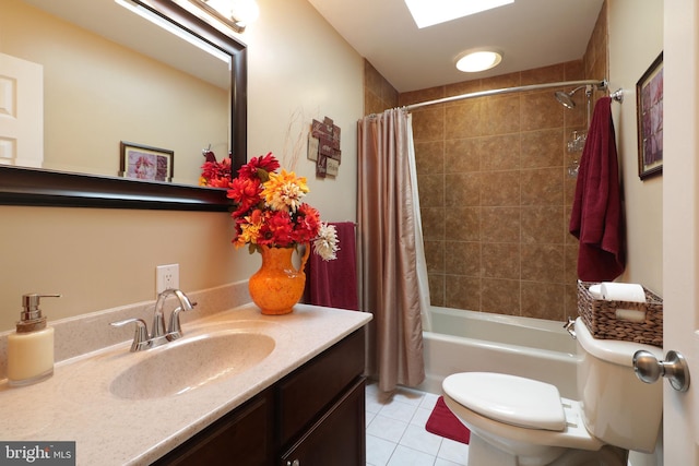 bathroom with vanity, toilet, shower / bathtub combination with curtain, and tile patterned floors