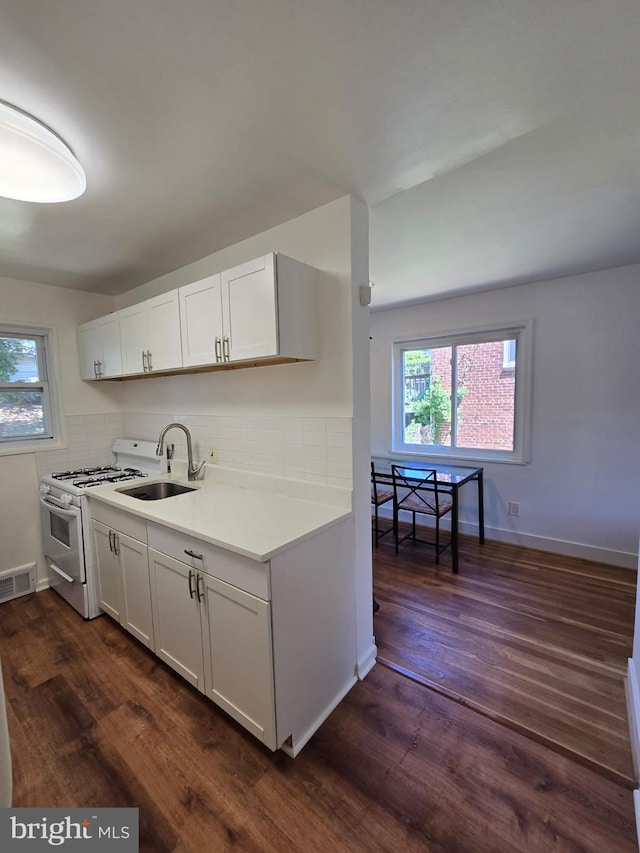 105 S Iris St, Alexandria, VA 22304 - kitchen featuring a sink, white gas range oven, dark wood finished floors, and light countertops