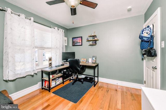 208 Veterans Ave, West Berlin, NJ 08091 - home office with a ceiling fan, wood finished floors, baseboards, and ornamental molding