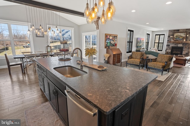 33 Docwill Dr, Barto, PA 19504 - kitchen with a notable chandelier, stainless steel dishwasher, an island with sink, and a sink