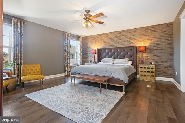 33 Docwill Dr, Barto, PA 19504 - bedroom with brick wall, baseboards, a ceiling fan, and wood finished floors