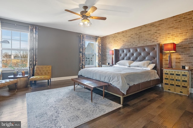 33 Docwill Dr, Barto, PA 19504 - bedroom featuring baseboards, a ceiling fan, hardwood / wood-style floors, and brick wall