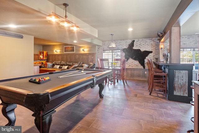 33 Docwill Dr, Barto, PA 19504 - game room featuring a dry bar, wood walls, pool table, and brick wall