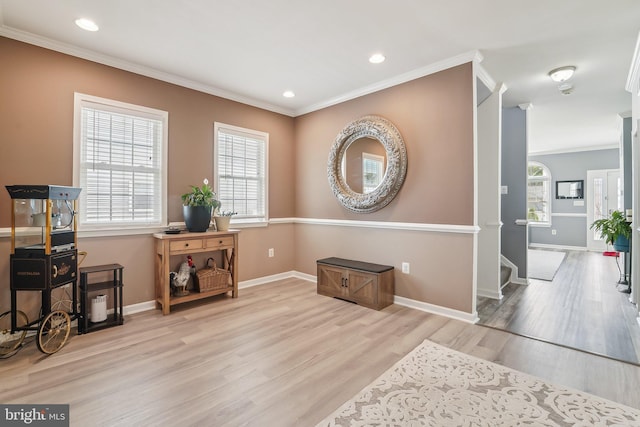 806 209th St, Pasadena, MD 21122 - interior space featuring crown molding, healthy amount of natural light, wood finished floors, baseboards, and recessed lighting