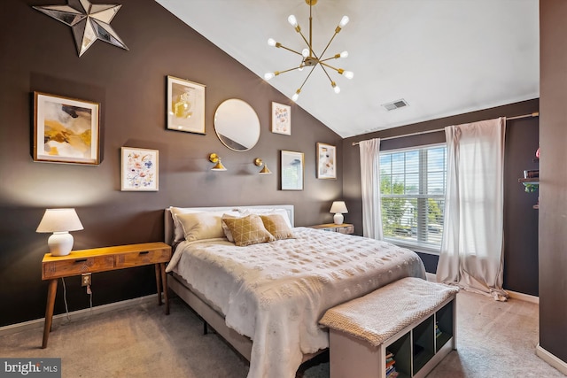12205 Desoto Falls Ct, Bristow, VA 20136 - bedroom featuring a chandelier, lofted ceiling, carpet floors, and baseboards