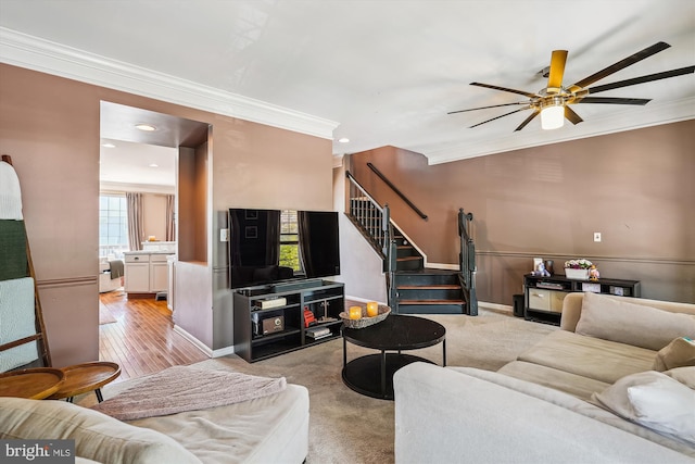 12205 Desoto Falls Ct, Bristow, VA 20136 - living area with ornamental molding, ceiling fan, stairs, and recessed lighting