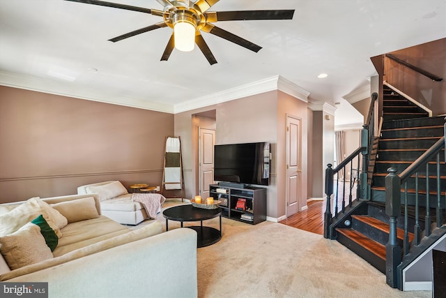 12205 Desoto Falls Ct, Bristow, VA 20136 - carpeted living room featuring crown molding, stairway, ceiling fan, baseboards, and recessed lighting