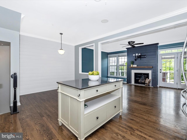 kitchen featuring plenty of natural light, ceiling fan, a glass covered fireplace, dark wood-style floors, and crown molding