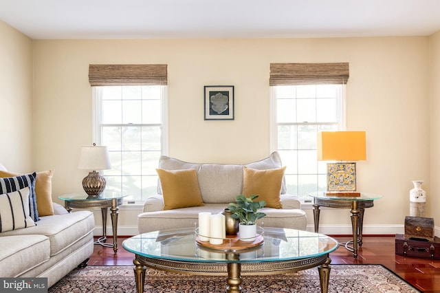 living area with a healthy amount of sunlight and wood finished floors