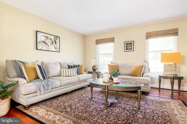 living area featuring wood finished floors and baseboards