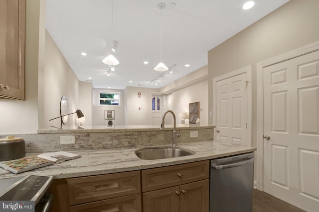 1332 Park Rd NW Unit A, Washington, DC 20010 - kitchen featuring dishwasher, a sink, light stone counters, hanging light fixtures, and stove