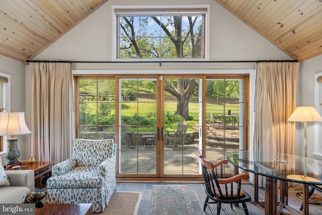 509 Ben Venue Rd, Flint Hill, VA 22627 - doorway to outside with wood ceiling, high vaulted ceiling, and stone finish floors