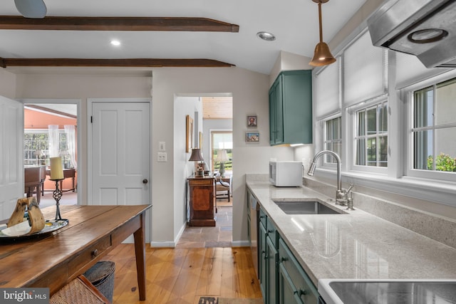 509 Ben Venue Rd, Flint Hill, VA 22627 - kitchen featuring green cabinetry, a sink, light wood-style floors, baseboards, and exhaust hood