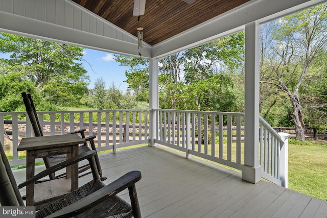 509 Ben Venue Rd, Flint Hill, VA 22627 - wooden terrace with a ceiling fan, view of scattered trees, and a yard